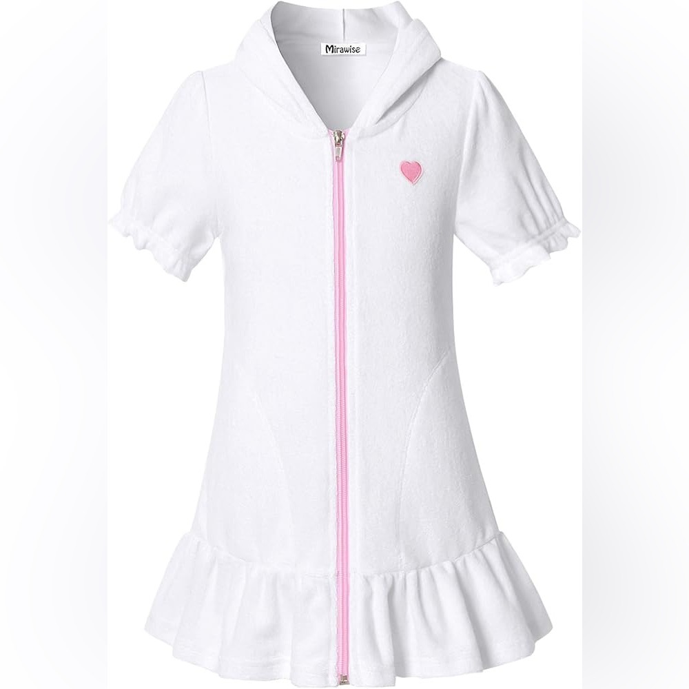 EUC. Girls 10-11. White terry Zip-Up Ruffled Beach & Pool Cover-Up w/ Pink Heart
